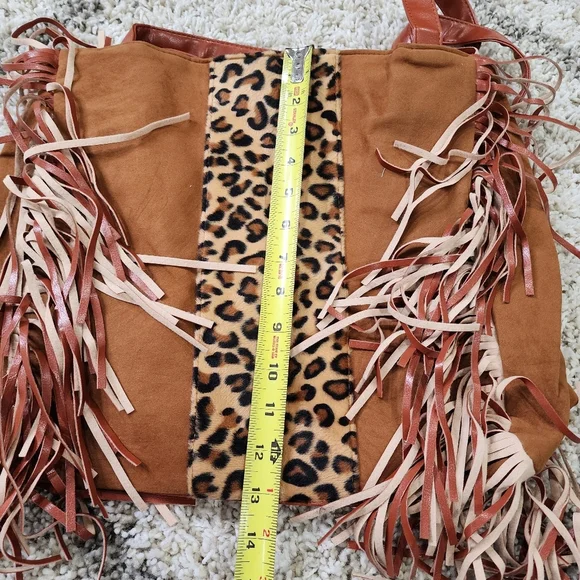 NWOT Leopard Fringe Faux Suede Shoulder Hobo Handbag - Picture 7 of 7